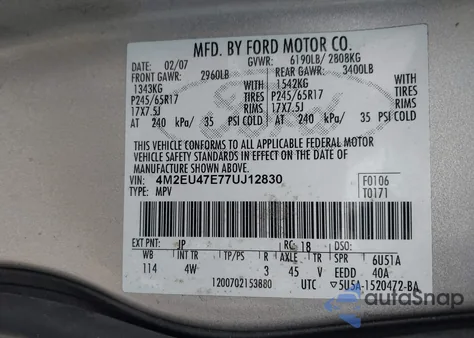 2007 Mercury Mountaineer z USA, uszkodzony, nr VIN 4M2EU47E77UJ12830